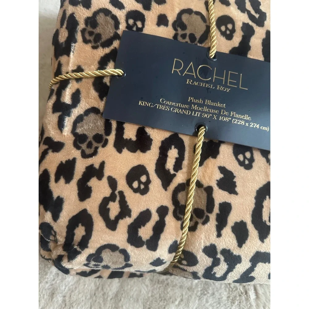 Rachel Roy King Plush Blanket Leopard Skull Print Halloween Black Tan 90x108 NEW